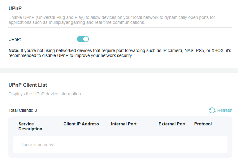Advanced > NAT Forwarding > UPnP page
