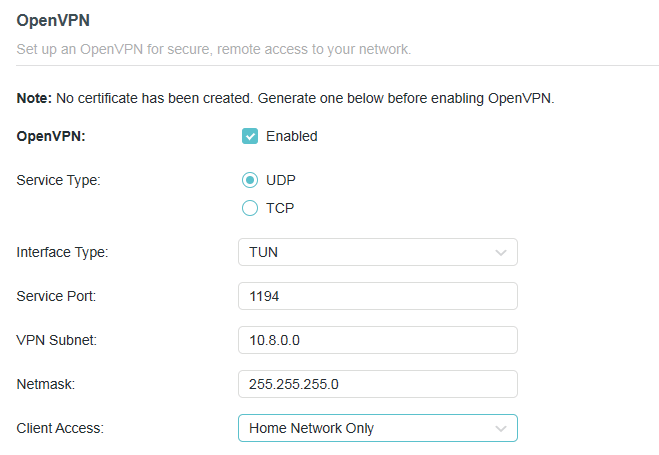 Advanced > VPN Server > OpenVPN page