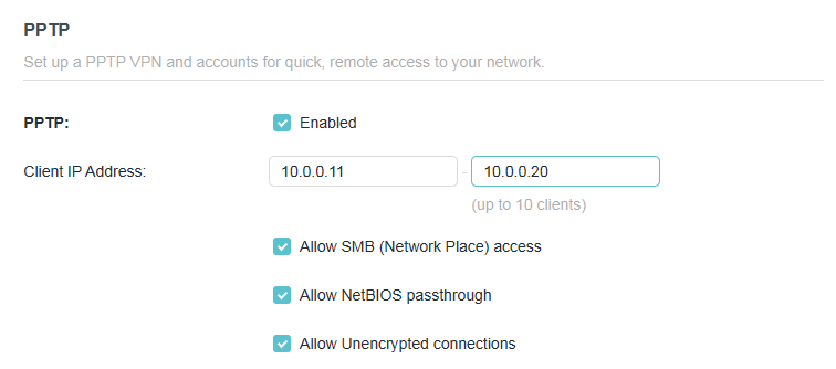 Advanced > VPN Server > PPTP section