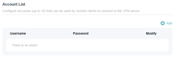 Account list in the PPTP VPN