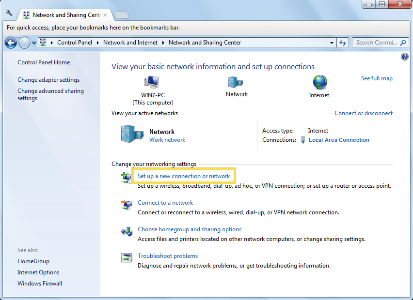 locate Set up a new connection or network