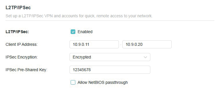 Advanced > VPN Server > L2TP/IPSec page