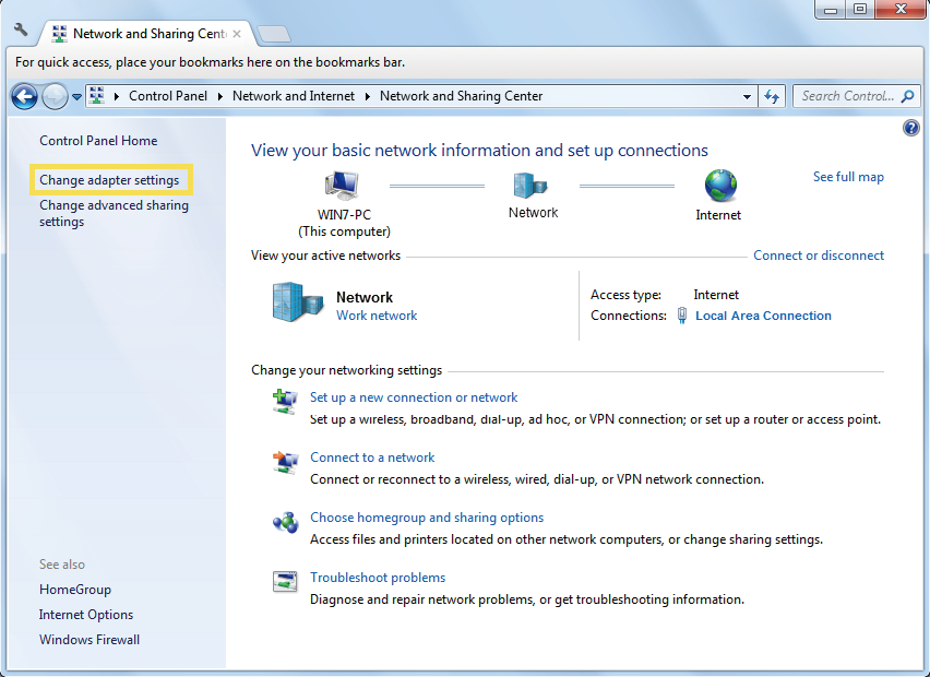 locate Change adapter settings