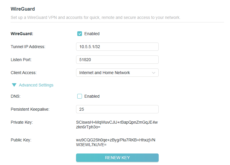 Advanced > VPN Server > WireGuard page