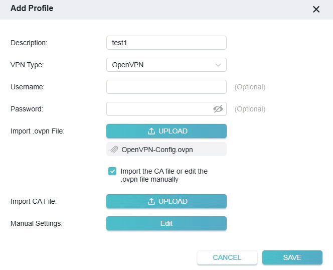 OpenVPN selected as VPN Type in the Add Profile window