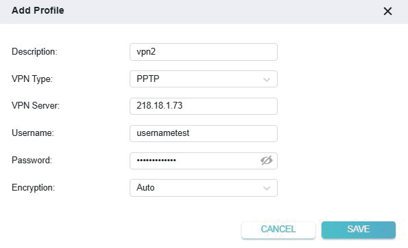 PPTP selected as VPN Type in the Add Profile window