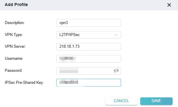 L2TP/IPSec selected as VPN Type in the Add Profile window
