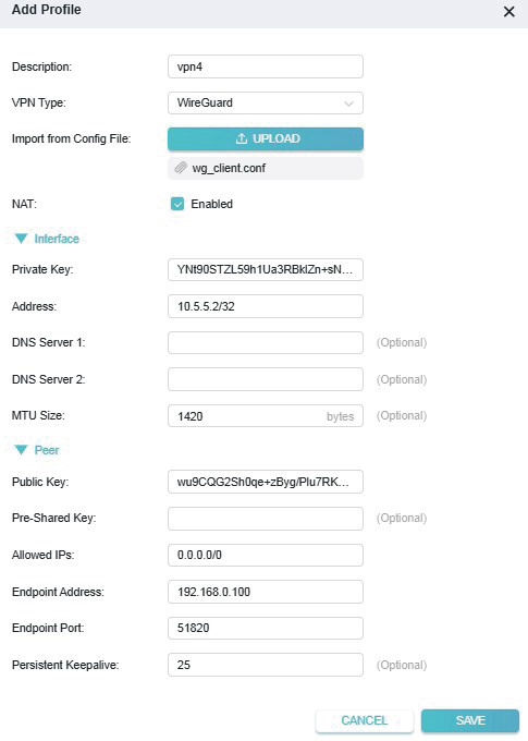 WireGuard selected as VPN Type in the Add Profile window