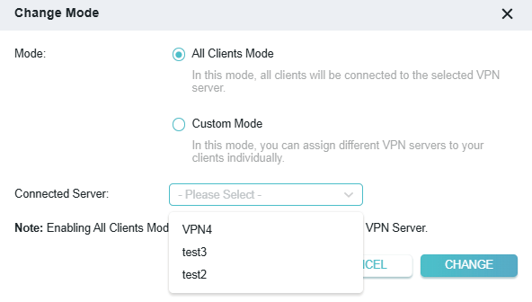 All Clients Mode selected as Mode
