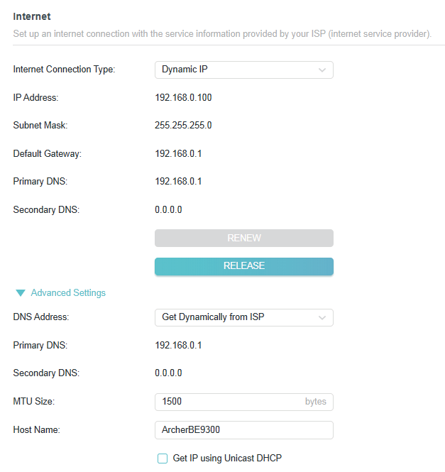 the Advanced > Network > Internet interface