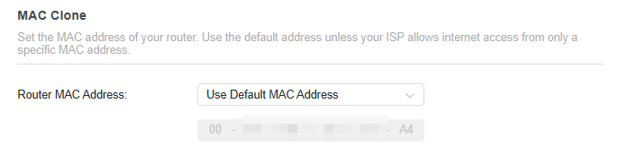 the MAC Clone section with Use Default MAC selected