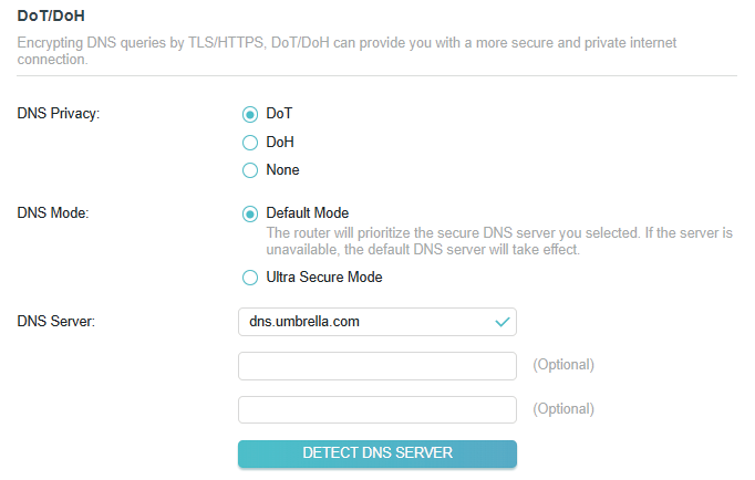DoT/DoH page with DoT selected