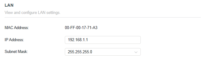 the IP Address and Subnet Mask section in LAN page