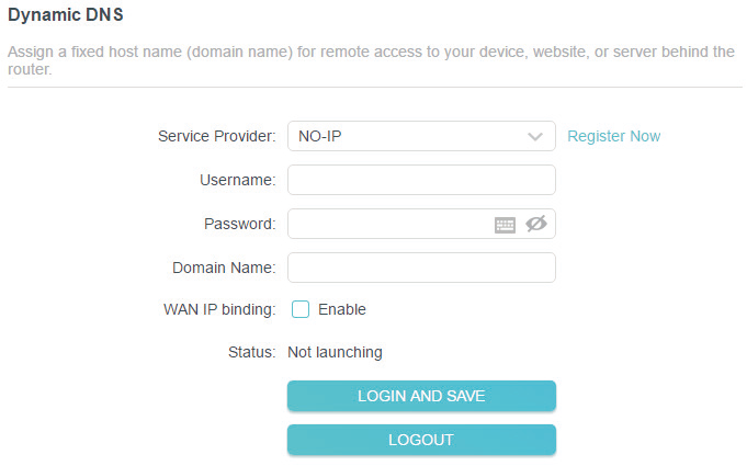 Advanced > Network > Dynamic DNS page with NO-IP selected as service provider