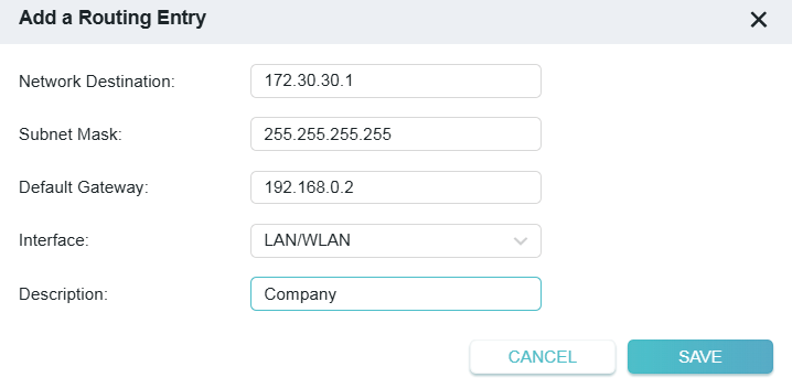 the window to add a routing entry when Creating Static Routes