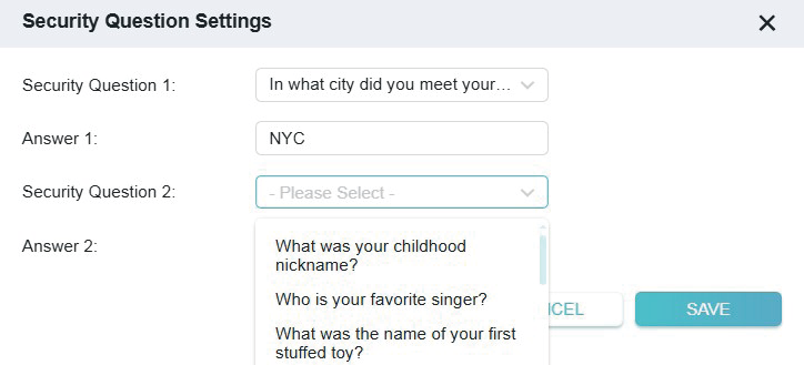 requirement to set questions and answers in Security Question Settings window