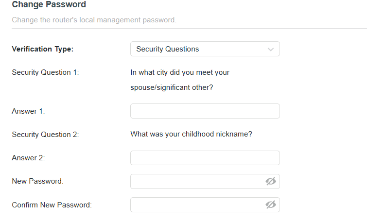 the Change Password page, Security Questions is selected as Verification Type