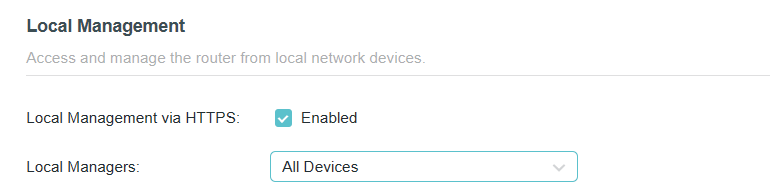Local Management page with All devices selected as managers