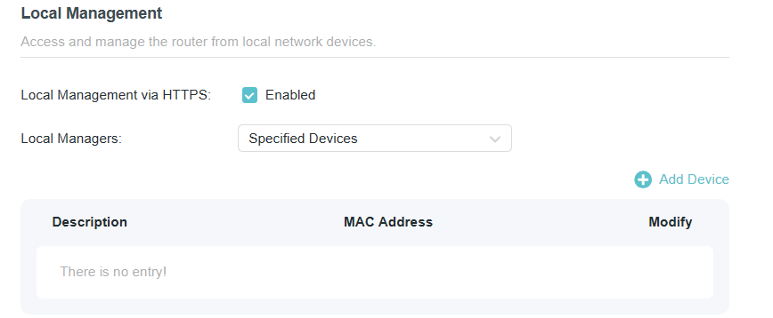 Local Management page with Specified devices selected as managers