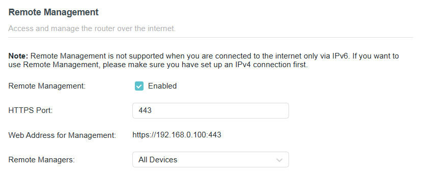 remote management page with Remote Management enabled, All devices as Remote managers
