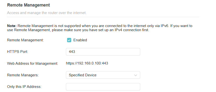 remote management page with Remote Management enabled, Specified devices as Remote managers