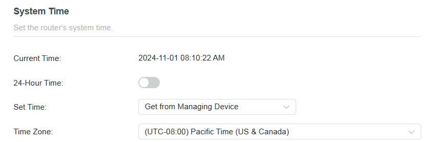 Get from Managing Device is selected in the Set Time drop-down list