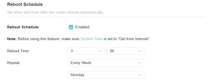 Reboot Schedule is enabled in the Reboot Schedule page