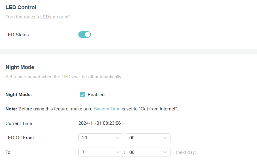 LED Status is toggled on in the LED Control page