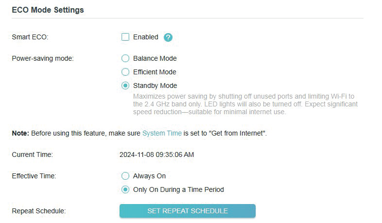 Standby mode is selected as power-sabing mode