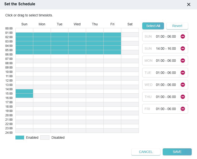 the time schedule table in Set the Schedule window