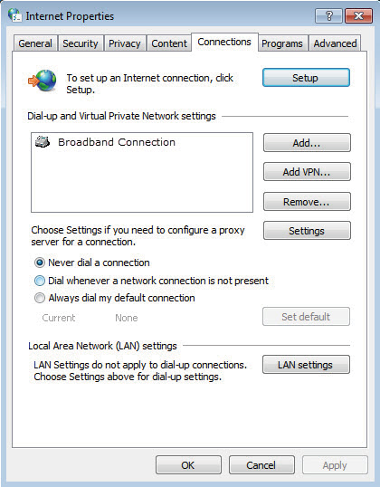 Screenshot showing the selection of 'Never dial a connection' in network settings.