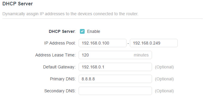 Advanced > Network > DHCP Server page..