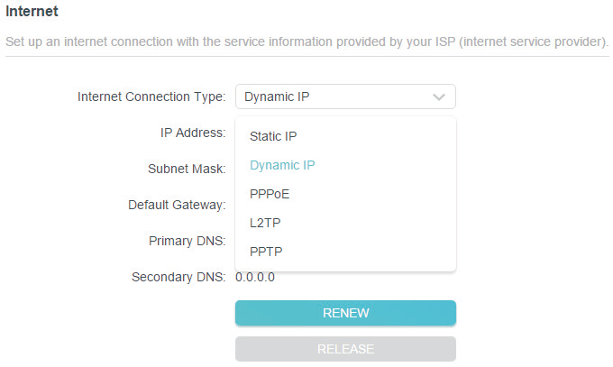 Advanced > Network > Internet page..