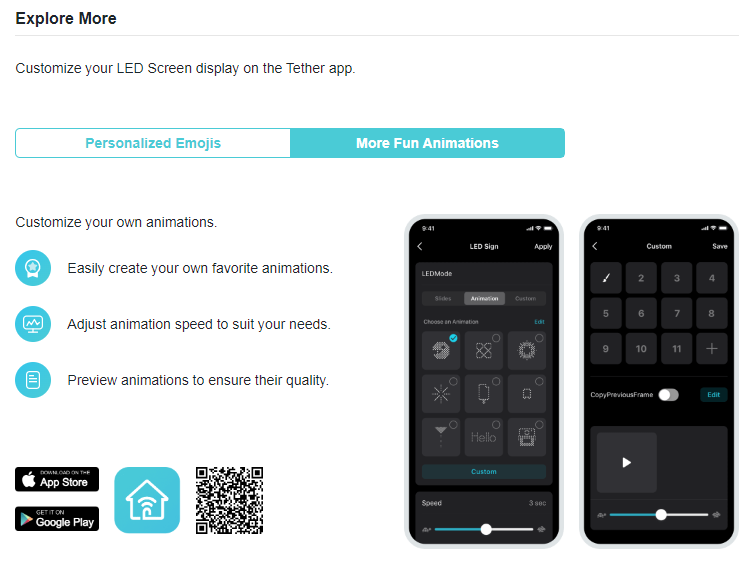 introductions for Tether app about the fun LED screen function