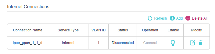Advanced > Network > GPON WAN page with the Internet Connections section