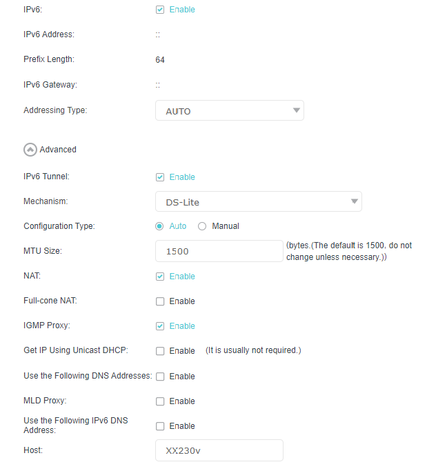 the IPv6 page with the IPv6 Tunnel checkbox enabled