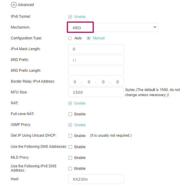 6RD is selected as Mechanism