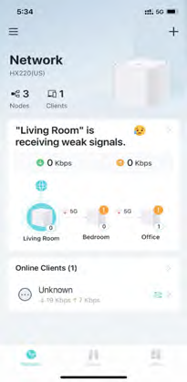 the Network page showing that "living room is receiving weak signals"
