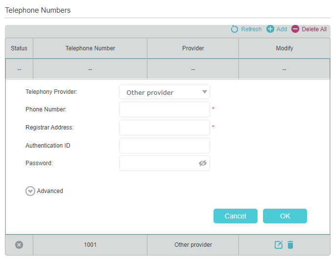 Advanced > Telephony > Telephone Number page