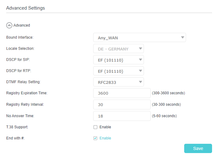 more telephony settings after clicking Advanced