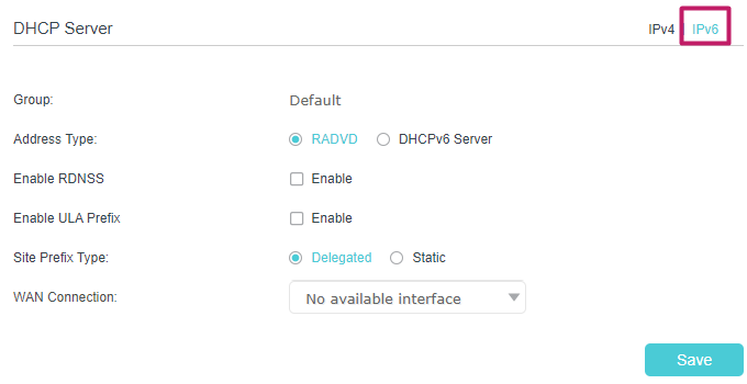 the IPv6 tab in the DHCP Server section, with RADVD selected as Address Type