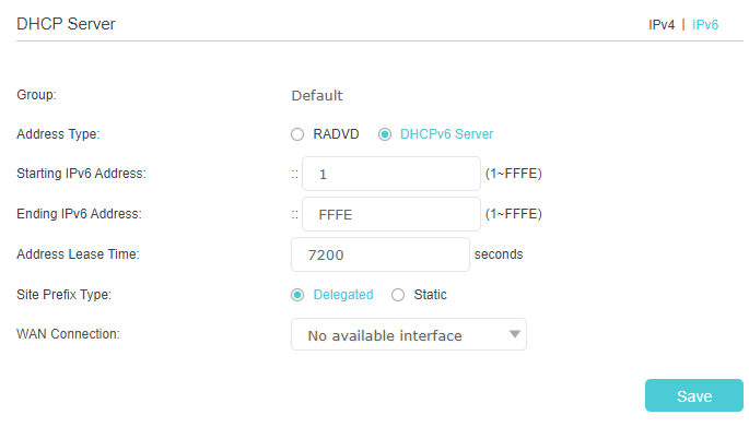 the IPv6 tab in the DHCP Server section, with DHCPv6 Server selected as Address Type
