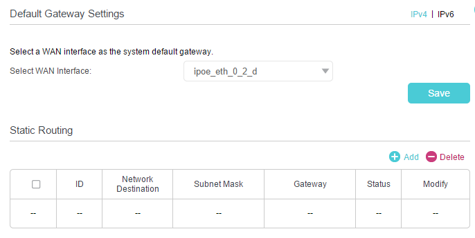 locate Select your current WAN Interface in the Static Routing page