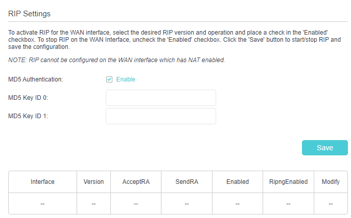 Advanced > Network > RIP Settings page