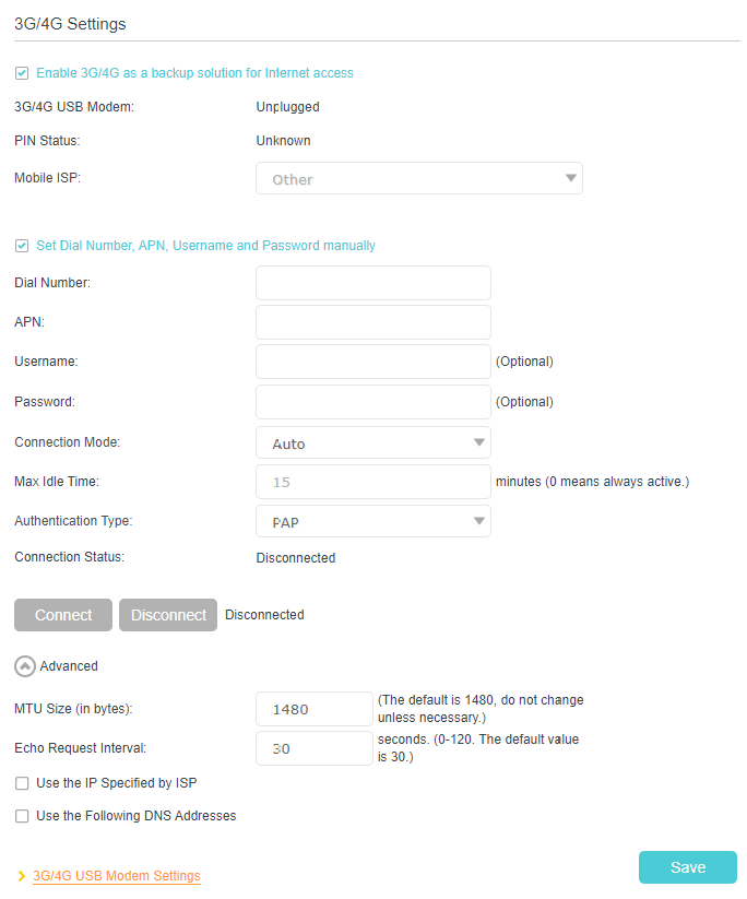 Advanced > USB Sharing > 3G/4G Settings page