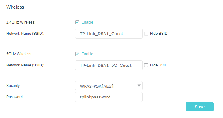 the wireless settings section for guest network