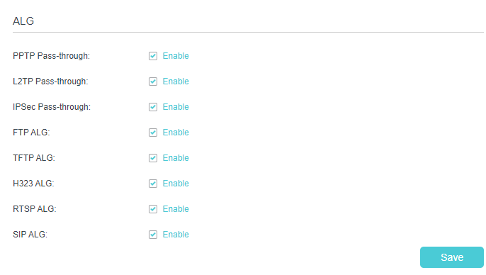 Advanced > Security > ALG page
