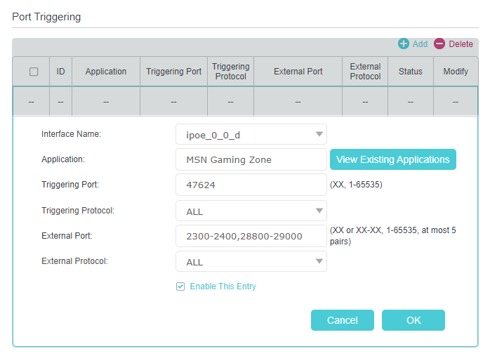 locate View Existing Applications in Port Triggering section