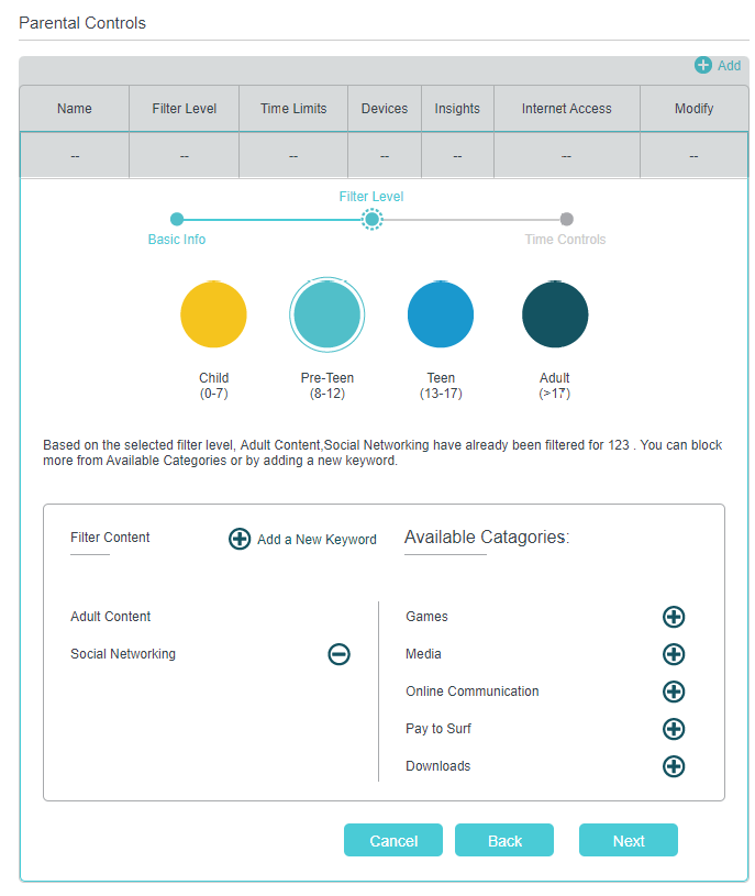 the window to set content filter of the profile