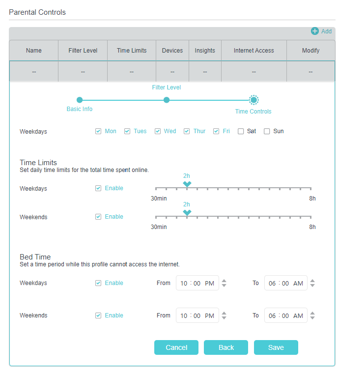 the window to set time controls of the profile